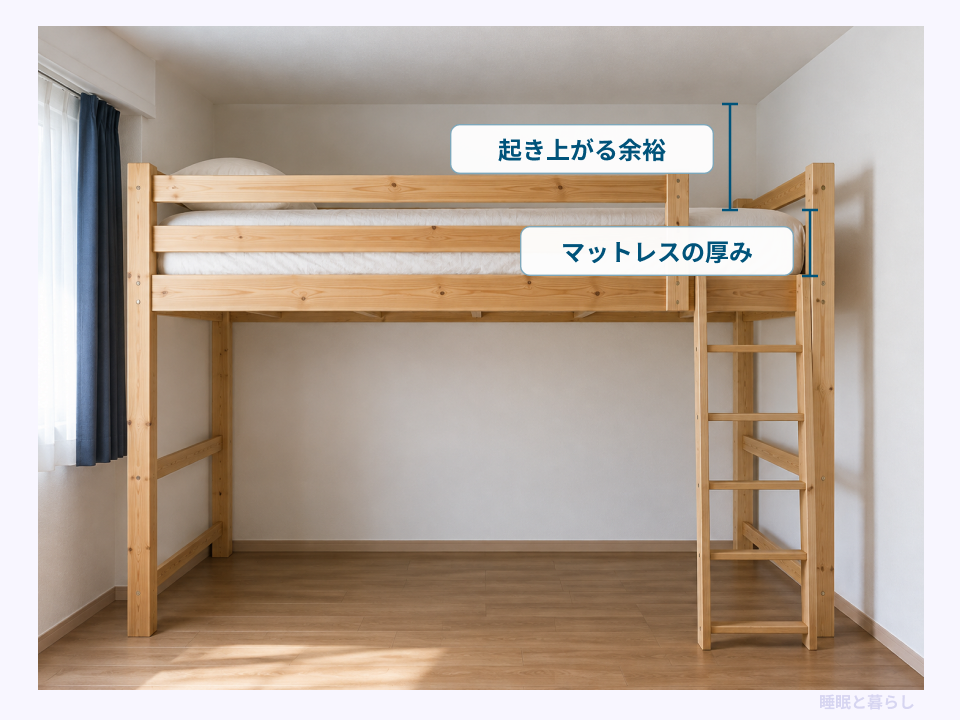 ロフトベッドのマットレスの厚みと、天井までの起き上がる余裕を示した写真