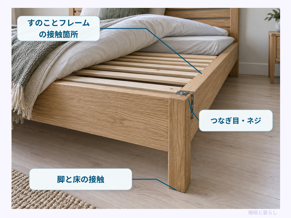 すのこベッドの接合部、床板とフレーム、脚と床の確認箇所