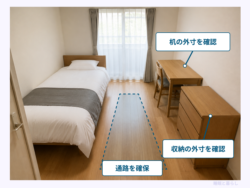 シングルベッドのある部屋で机と収納の外寸を確認し、中央に通路を確保する配置イメージ