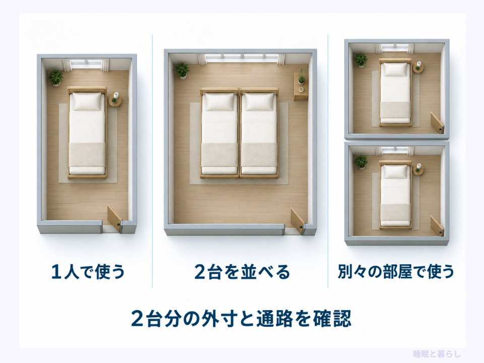 シングルベッドを1台で使う場合、2台並べる場合、別々の部屋で使う場合の配置例