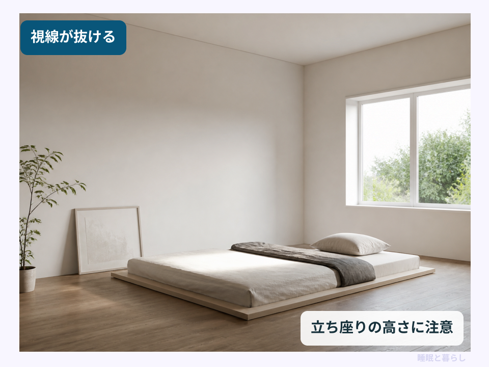 ヘッドレスのローベッドで視線が抜ける寝室と立ち座りの高さへの注意