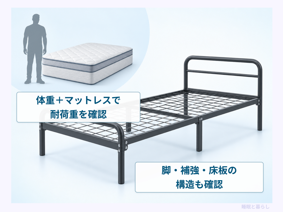 体重とマットレスの荷重、脚・補強・床板の確認点を示した画像