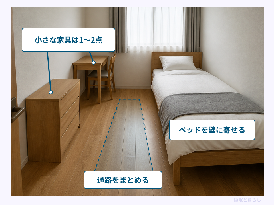 4畳の部屋でベッドを壁に寄せ、小さな家具2点と通路を配置するイメージ