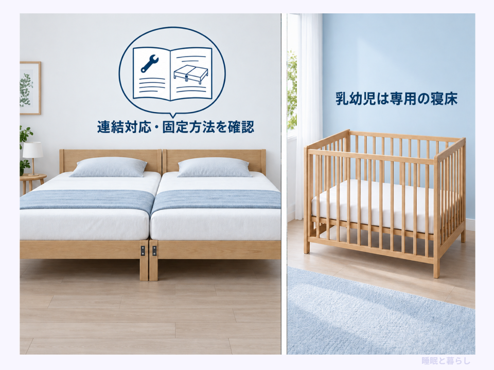 連結ベッドの固定方法を確認し、乳幼児には専用の寝床を用意する例