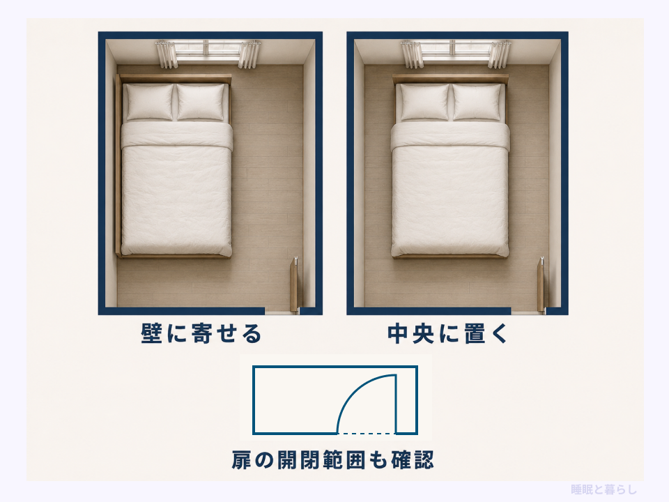 ダブルベッドを壁に寄せた配置と中央に置いた配置の比較、扉の開閉範囲を示す図
