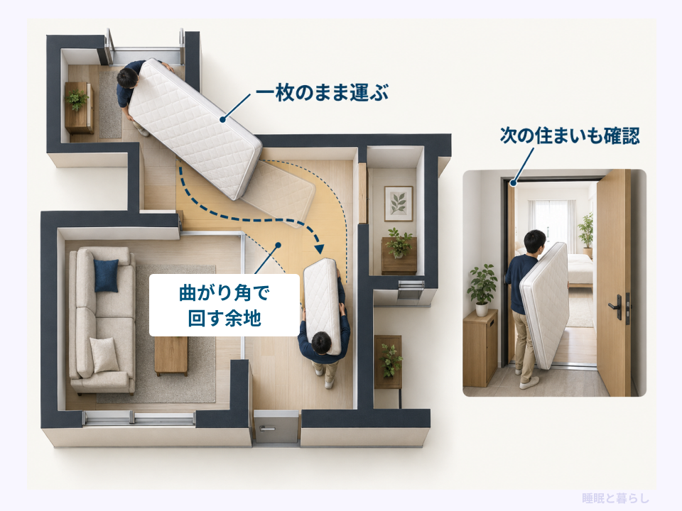 マットレスを一枚のまま曲がり角で回す余地と、次の住まいの搬入経路も確認する図