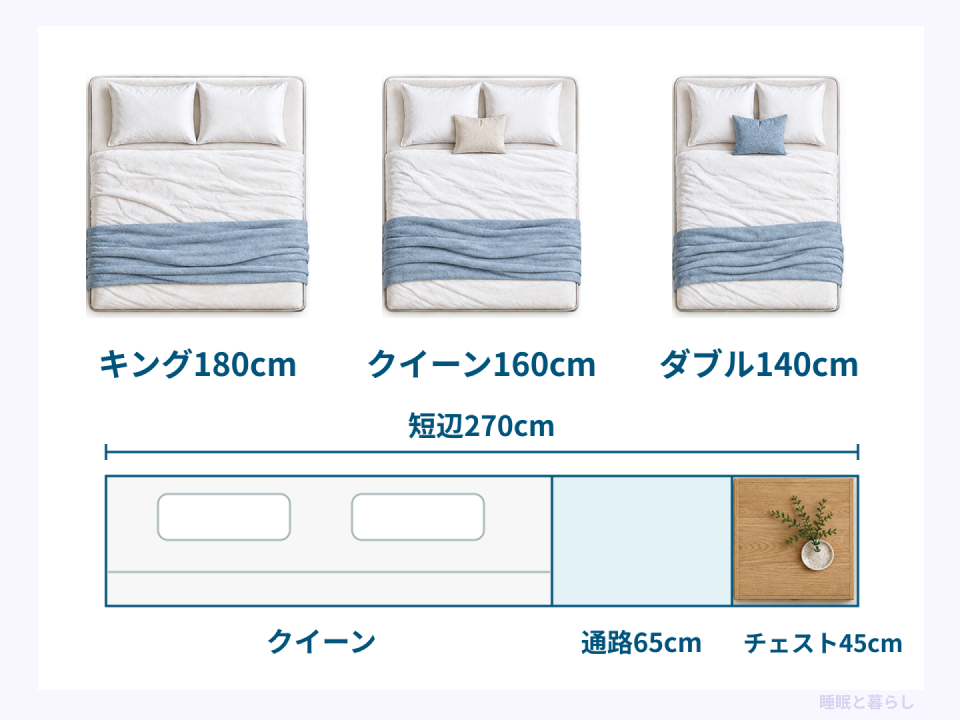 キング180cm、クイーン160cm、ダブル140cmの幅とクイーンにチェストを合わせた通路65cmの配置例