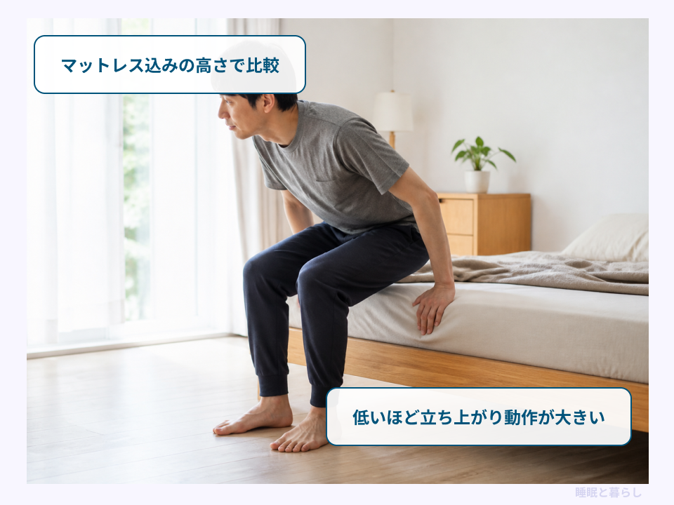 低いローベッドから立ち上がる際の姿勢と寝床の高さ