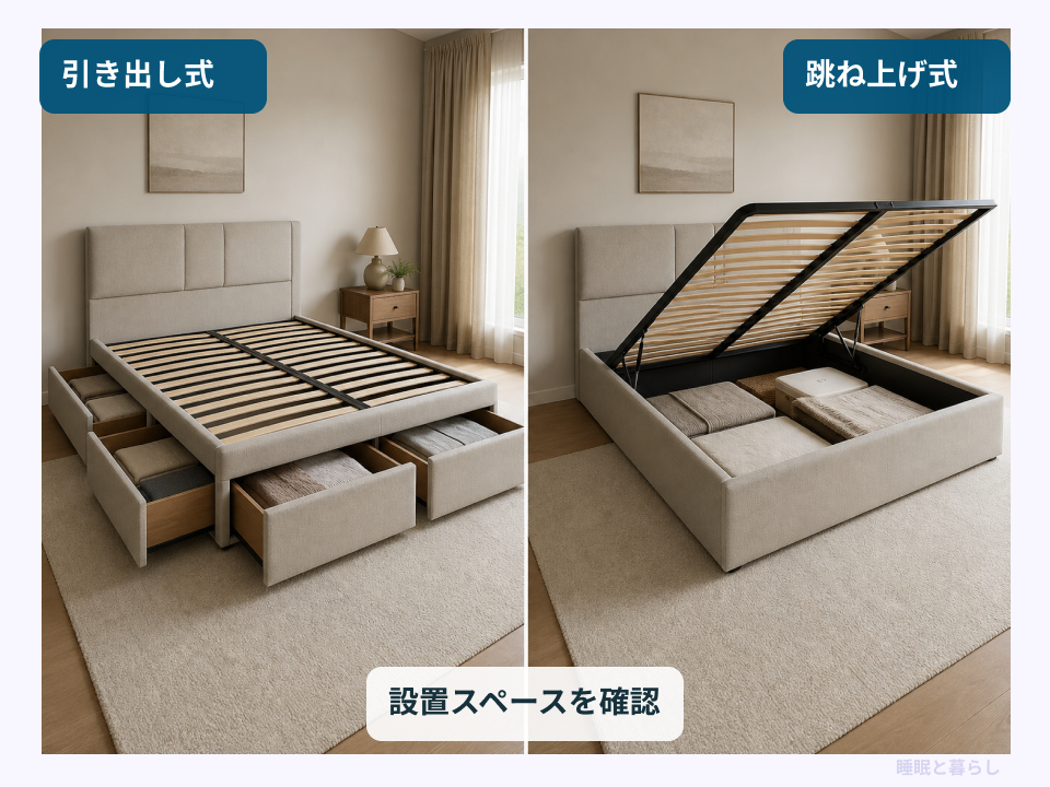 引き出し式と跳ね上げ式の収納付きベッドの比較