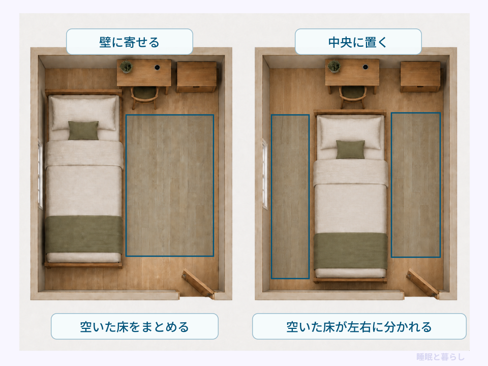 同じ部屋でベッドを壁に寄せた配置と中央に置いた配置の床の空き方の比較