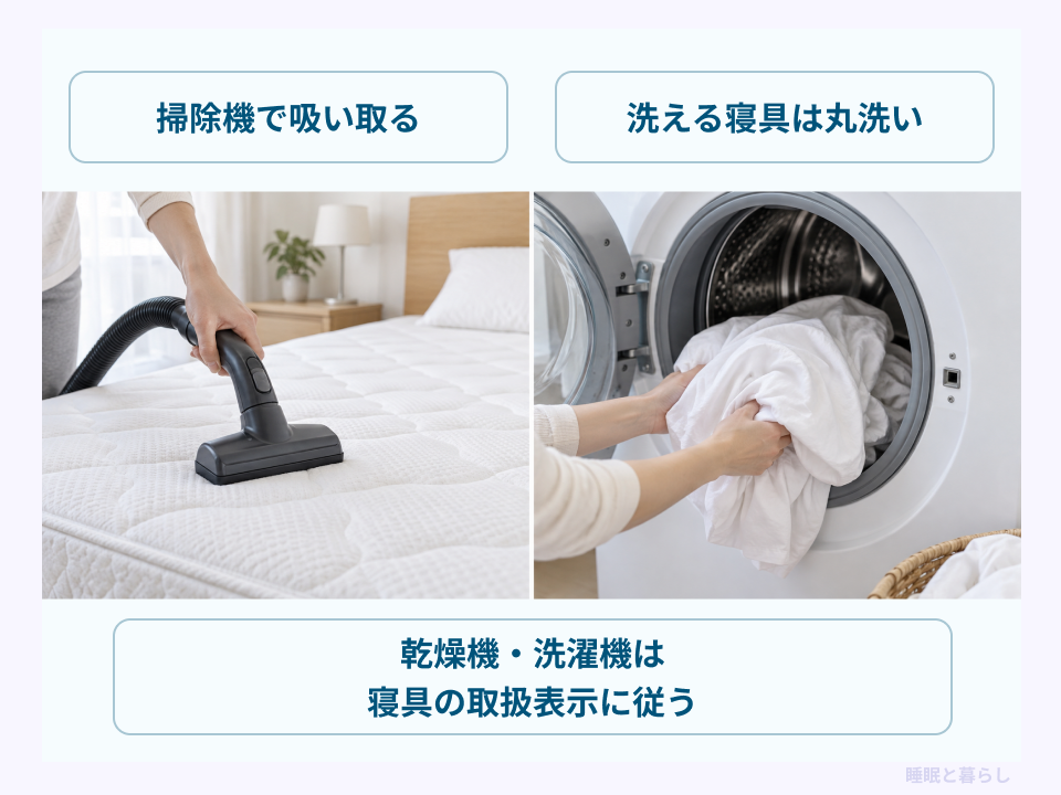 寝具に掃除機をかける場面と洗える寝具を洗濯する場面、取扱表示を守る注意点