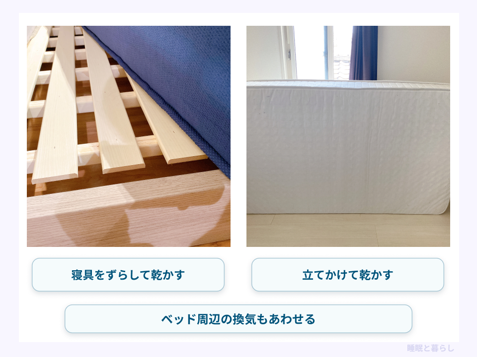 寝具をずらす方法と立てかける方法を示す手入れの実際の写真