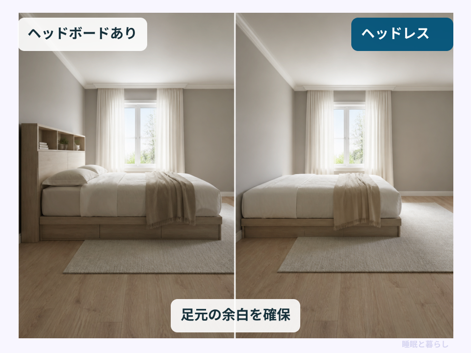 ヘッドボード付きとヘッドレスベッドの奥行きと足元の余白の比較