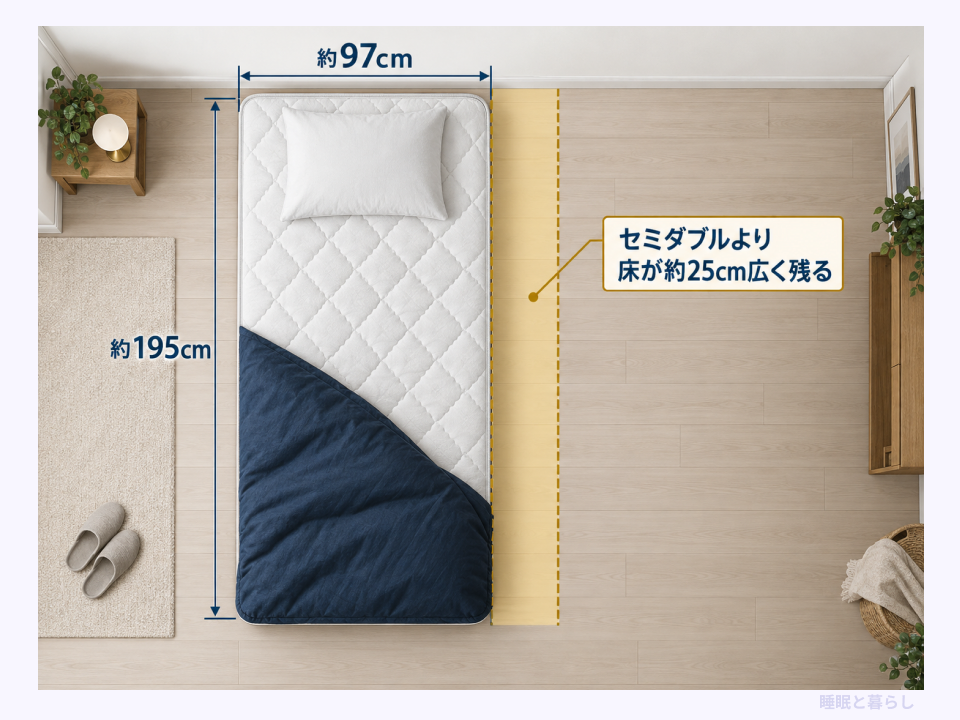約97×195cmのシングルマットレスと、セミダブルより横に約25cm多く残る床