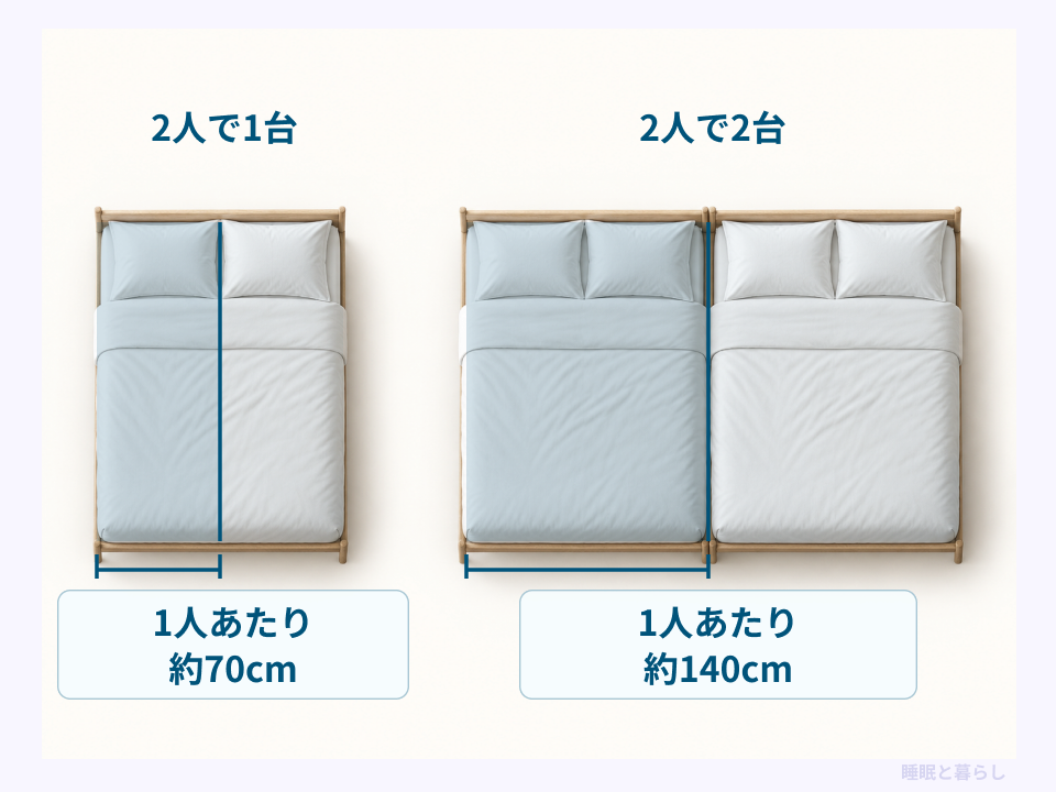 ダブルベッド1台を2人で使う場合の約70センチと、1人1台で使う場合の約140センチの幅を比較した図
