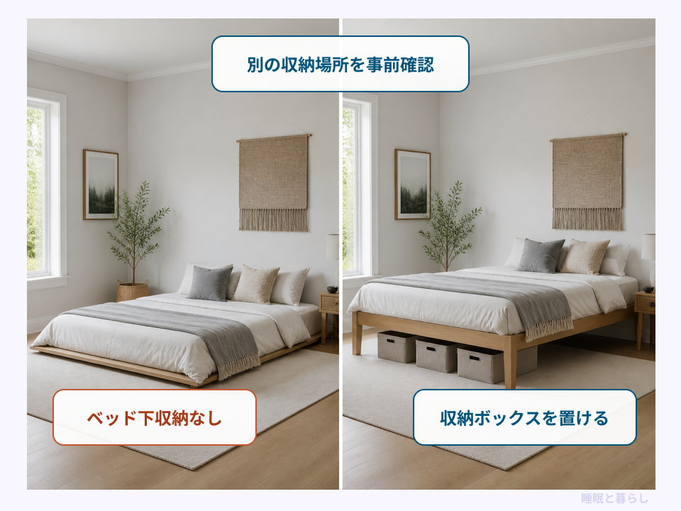 ベッド下収納のないローベッドと収納できる高いベッドの比較