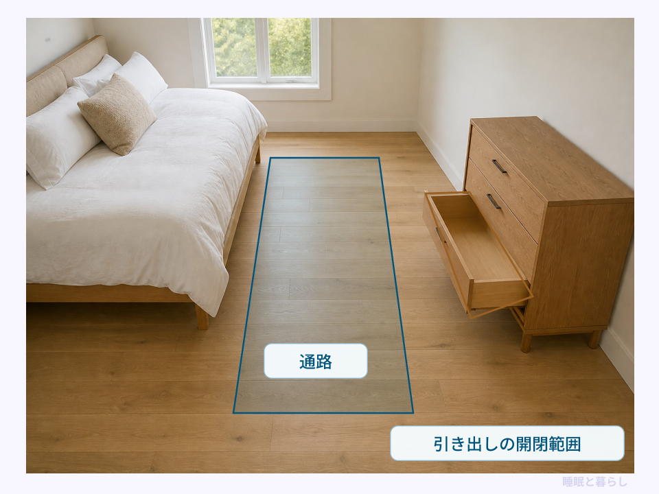 ベッド沿いの通路と収納家具の引き出しの開閉範囲を分けた配置例