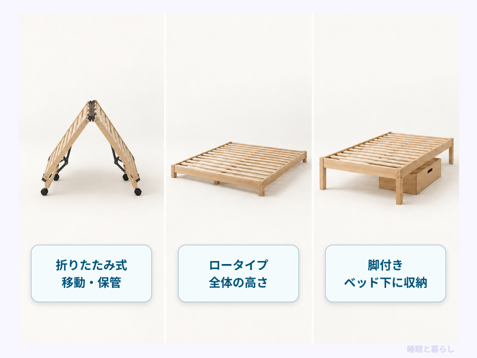 折りたたみ式、ロータイプ、脚付きベッドの形状と用途の比較