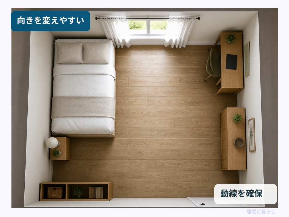 ヘッドレスベッドを置いた部屋のレイアウト変更と動線の例