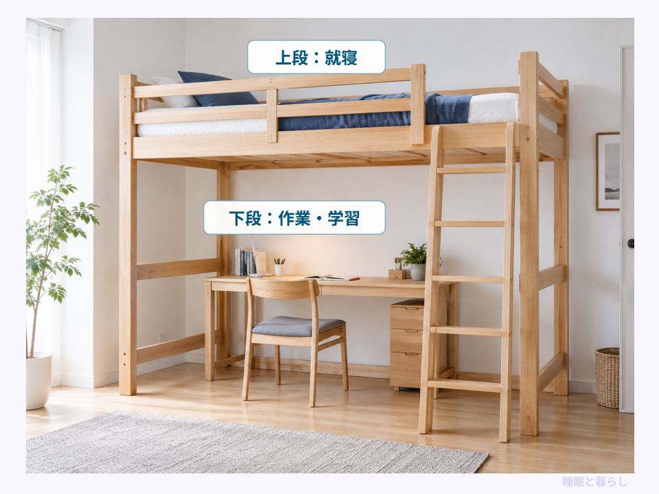 上段を就寝、下段を作業や学習に使うロフトベッドの写真
