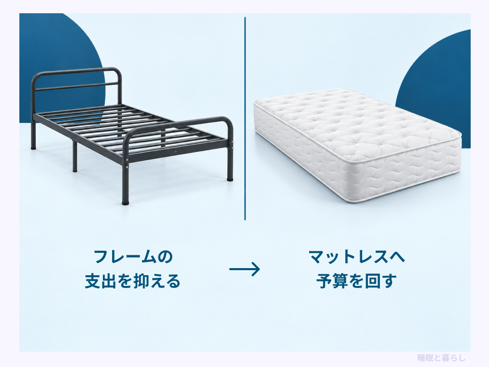 フレームの支出を抑えてマットレスへ予算を回す関係を示した画像