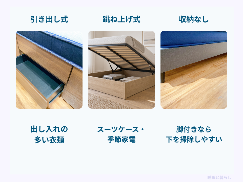 引き出し式、跳ね上げ式、収納なしの脚付きベッドの構造と用途の比較