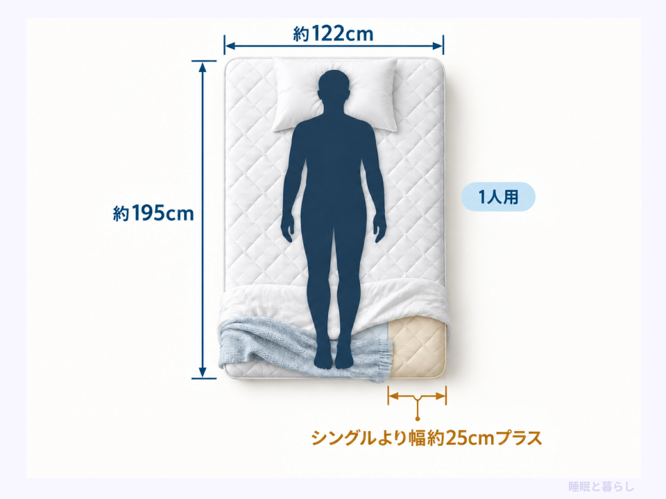 約122×195cmのセミダブルが1人用で、シングルより幅約25cm広いことを示す図
