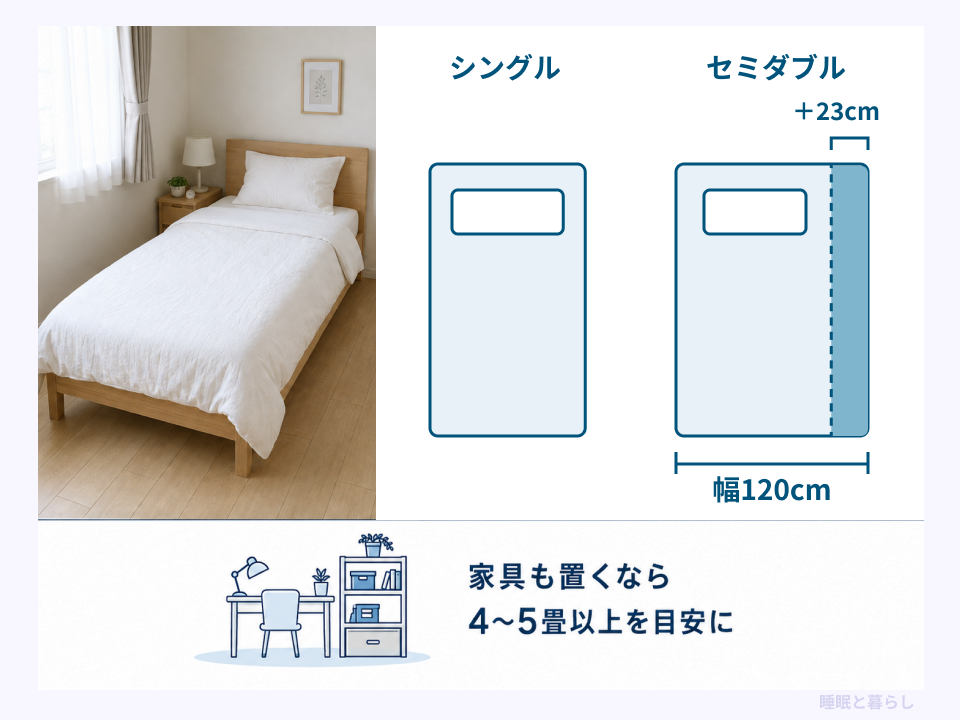 シングルとセミダブルの幅の違いと、家具も置く場合の4〜5畳以上の目安