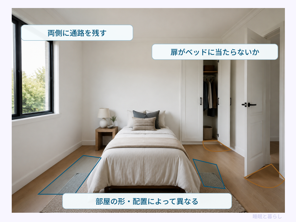 ベッド両側の通路とドア・クローゼットの開閉範囲を確認する配置例