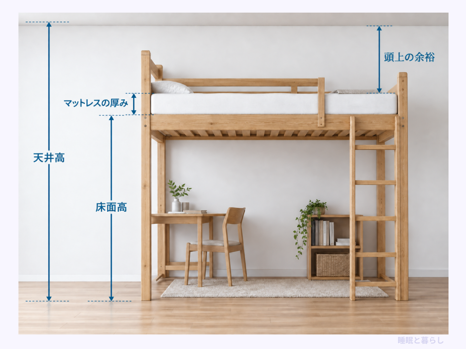 天井高、床面高、マットレスの厚み、頭上の余裕の関係を示した寸法図