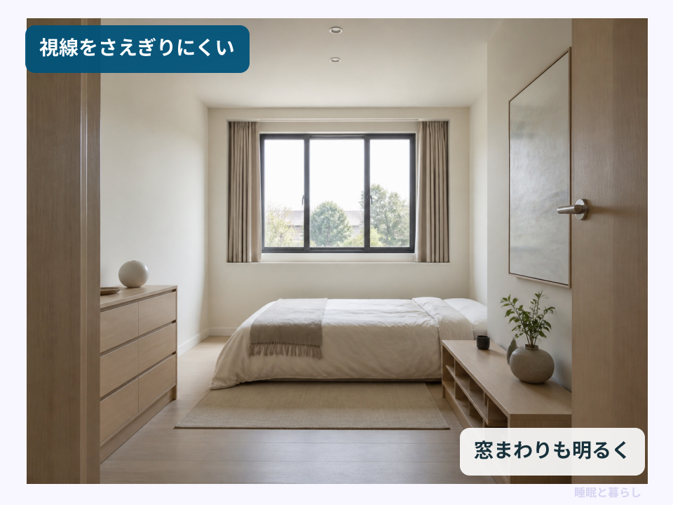 ヘッドレスベッドで視線を遮らず窓まわりを明るく見せる寝室