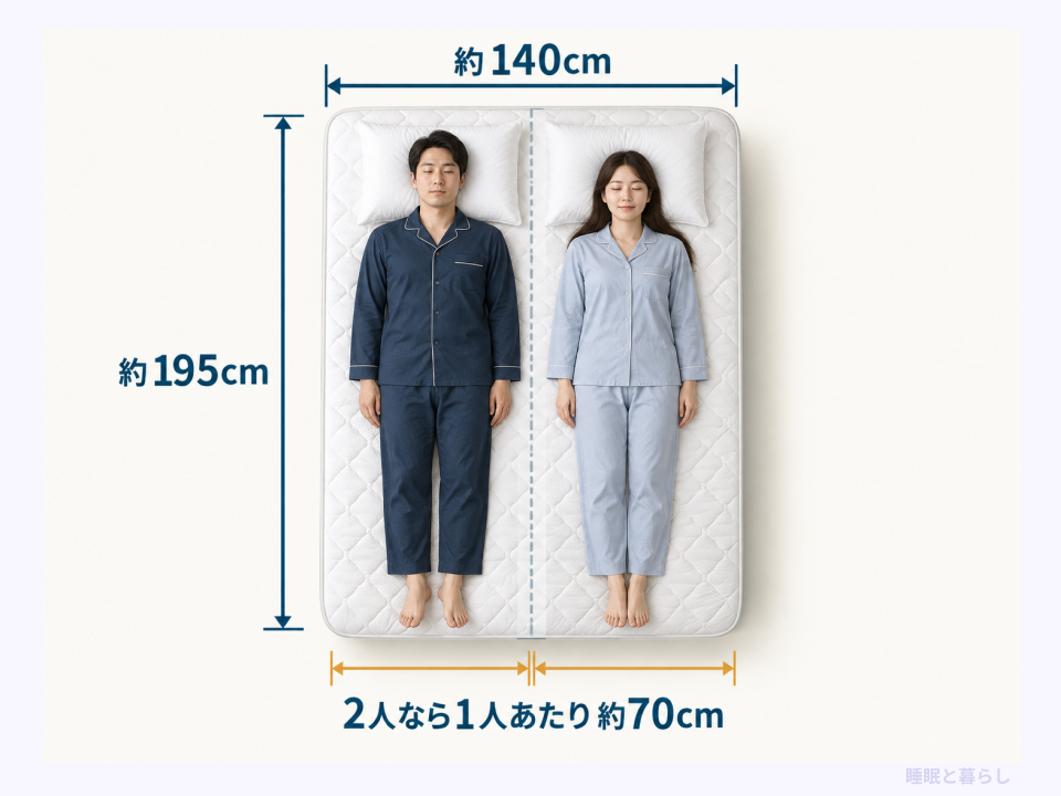 約140×195cmのダブルマットレスを2人で使うと1人あたり幅約70cmになる図