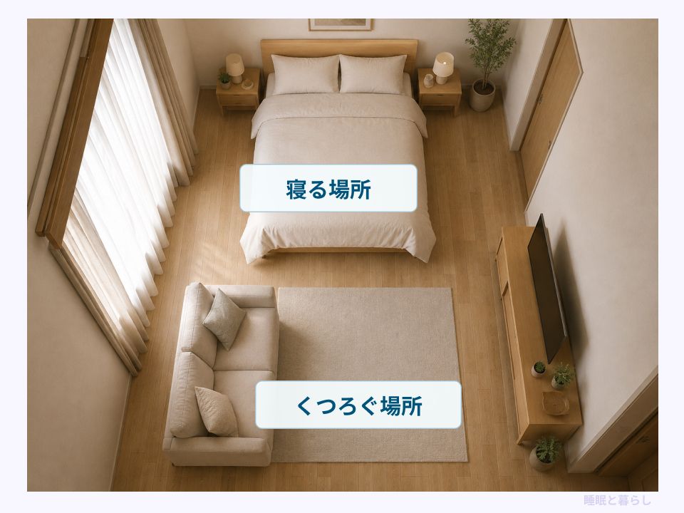 ダブルベッドで寝る場所とソファでくつろぐ場所を分けた部屋の配置例