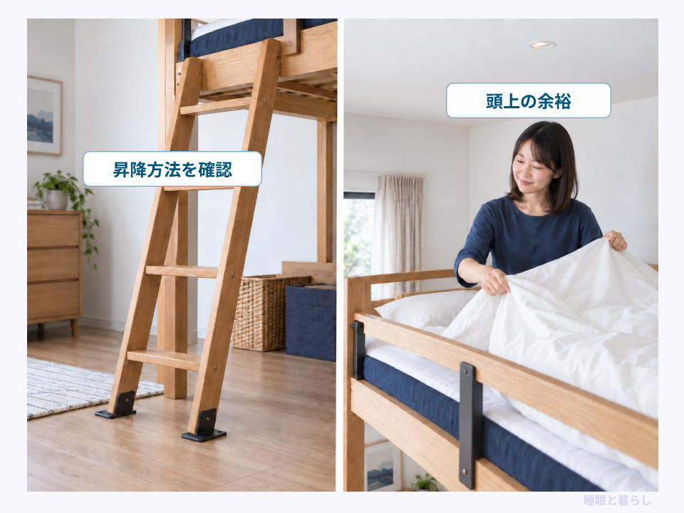 ロフトベッドの昇降方法と、寝具交換時に必要な頭上の余裕を示した比較画像