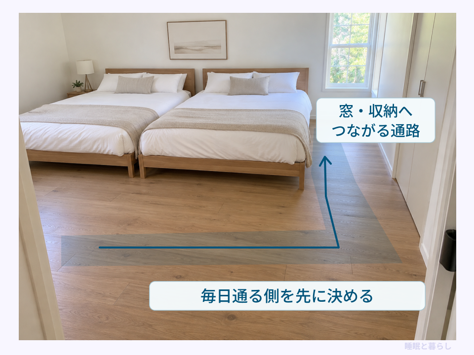 ダブルベッド2台の足元から窓と収納へ続く通路を示した寝室の写真