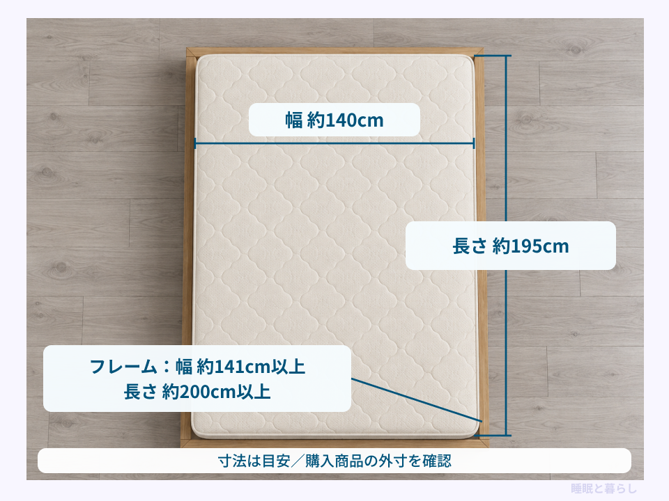ダブルのマットレス約140×195センチとベッドフレームの参考外寸を区別した図
