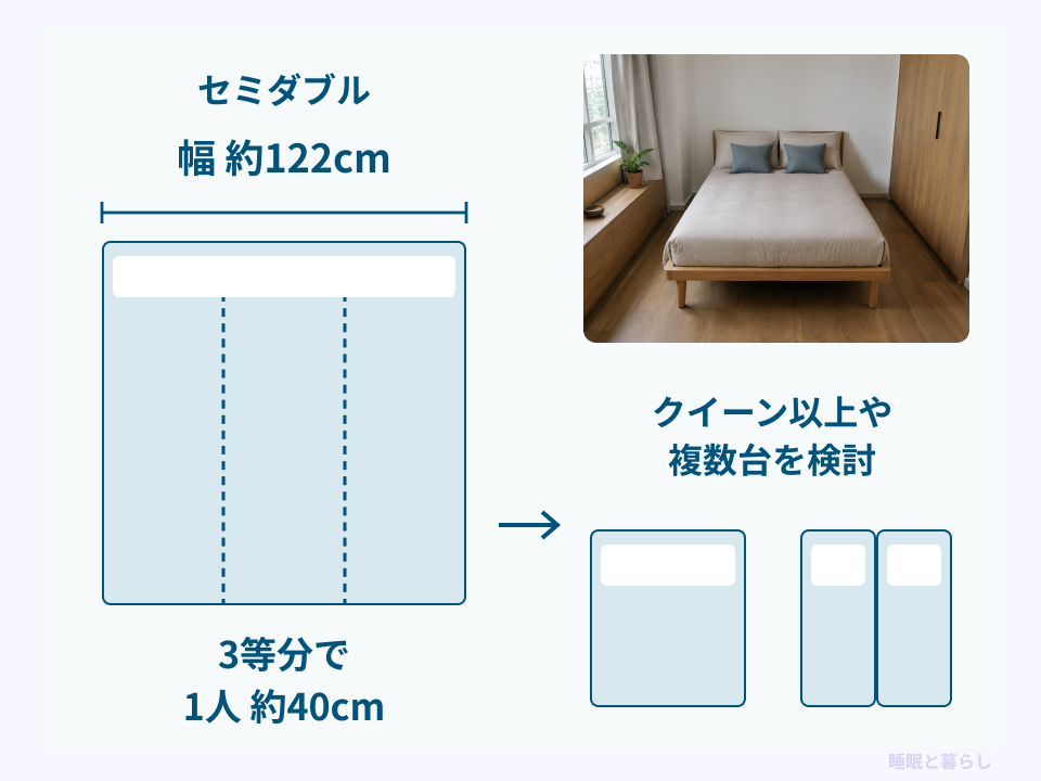 セミダブル約122cmを3等分すると1人約40cmになり、クイーン以上や複数台を検討することを示した図
