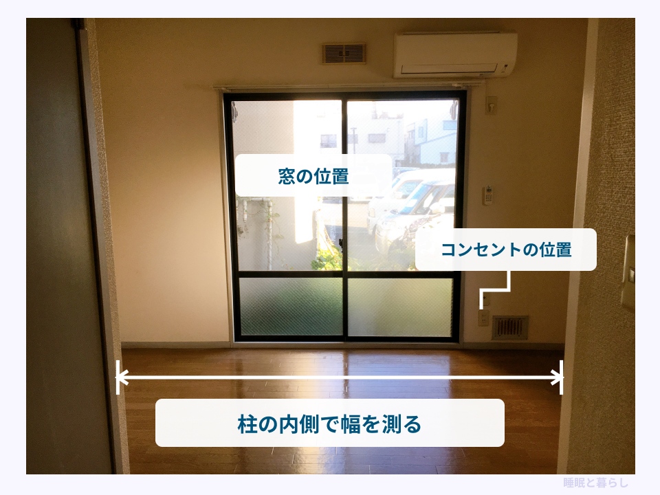 部屋の柱の内側で幅を測る位置と、窓やコンセントの位置を示した実写真