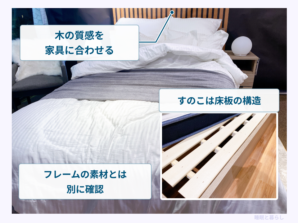 木の質感がある寝室とすのこ床板の実写真を使い、素材と床板の構造を区別した画像