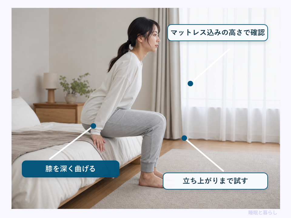 低いベッドから立ち上がる際の膝と寝床の高さの確認