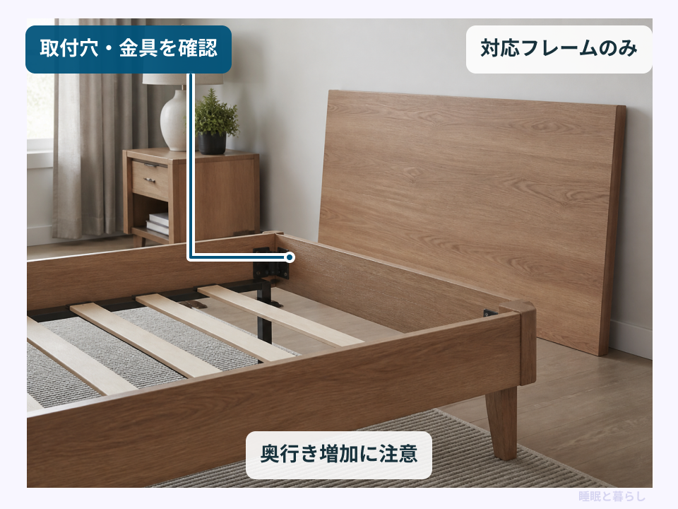 ヘッドボード後付け用の取付穴と金具を確認する例