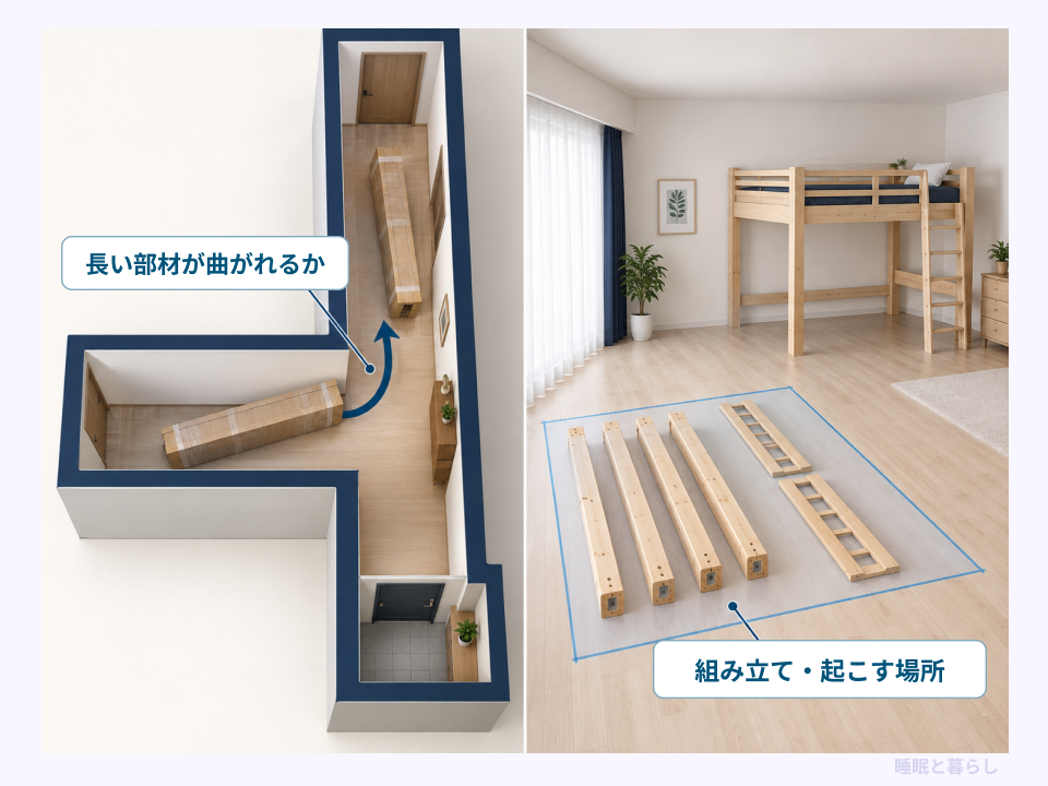 長いベッド部材の搬入時の曲がり角と、組み立てや起こす場所を示した図