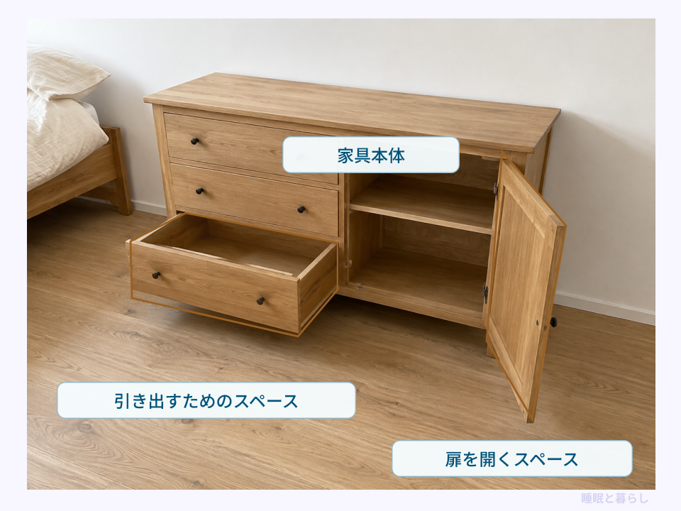 収納家具の本体に加えて引き出しと扉を開くスペースを確認する写真