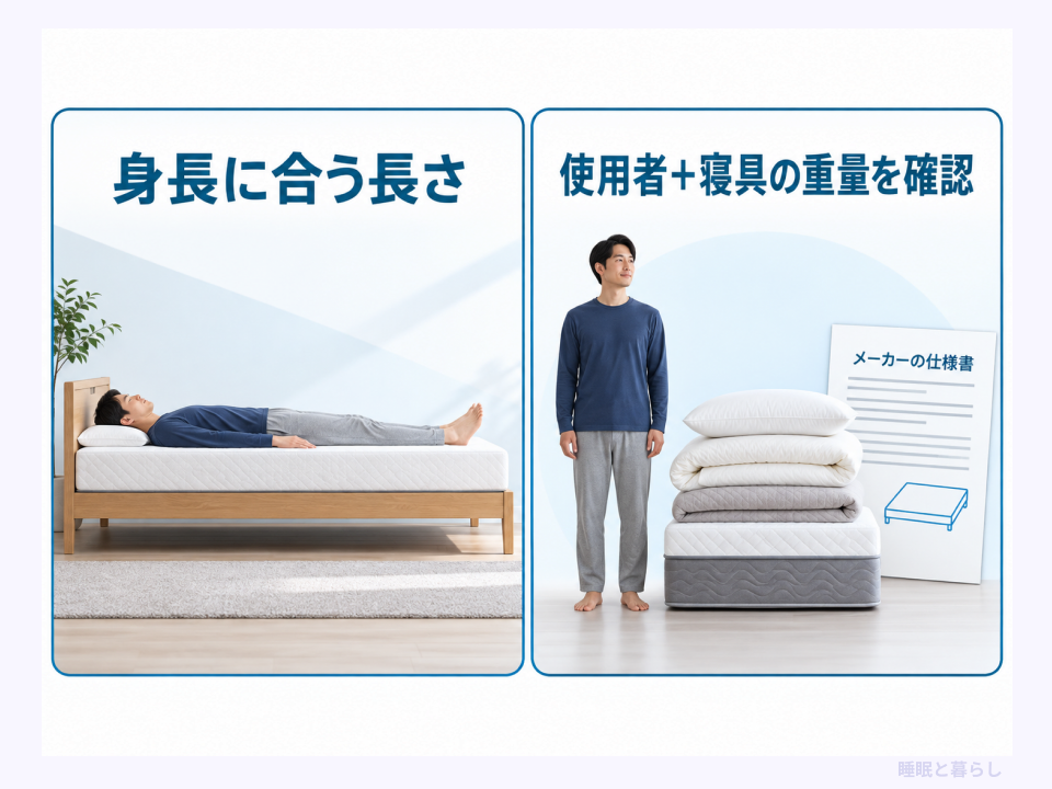 身長に合うベッドの長さと使用者・寝具の重量の確認