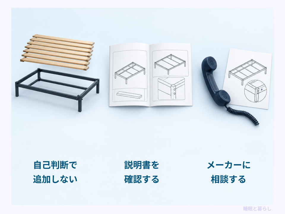 パイプベッドへのすのこ追加を自己判断せず、説明書とメーカーへ確認する手順の図解