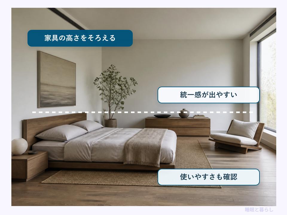 低い家具と脚なしベッドの高さをそろえた寝室