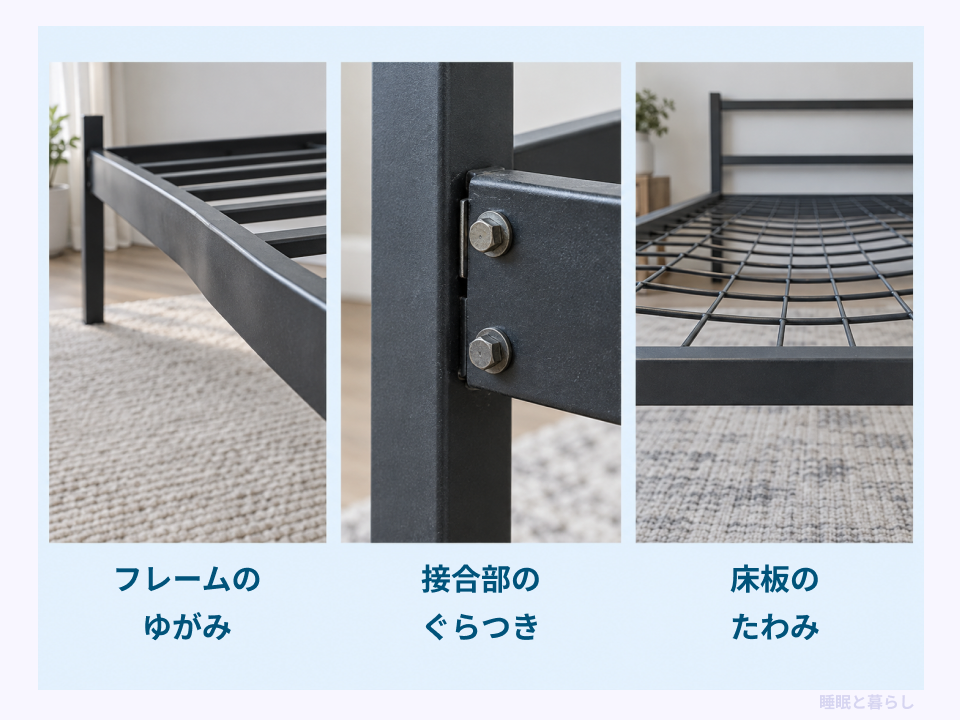 パイプベッドのフレームのゆがみ、接合部のぐらつき、床板のたわみの点検箇所を示した画像