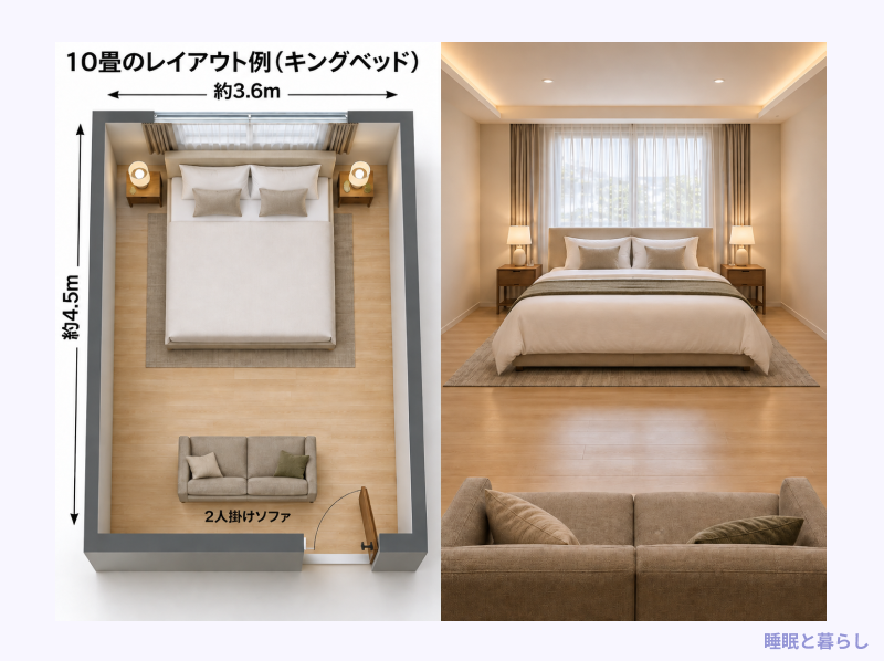 10畳にキングベッドを置いたときのレイアウト例