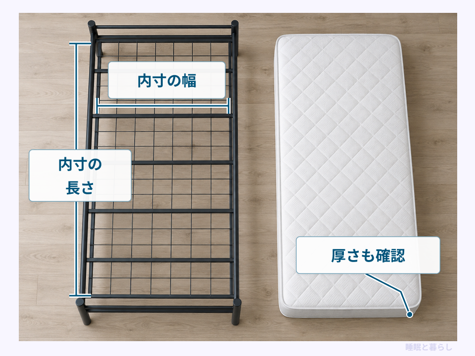 パイプベッドの内寸の幅と長さ、マットレスの厚さの確認箇所を示した画像