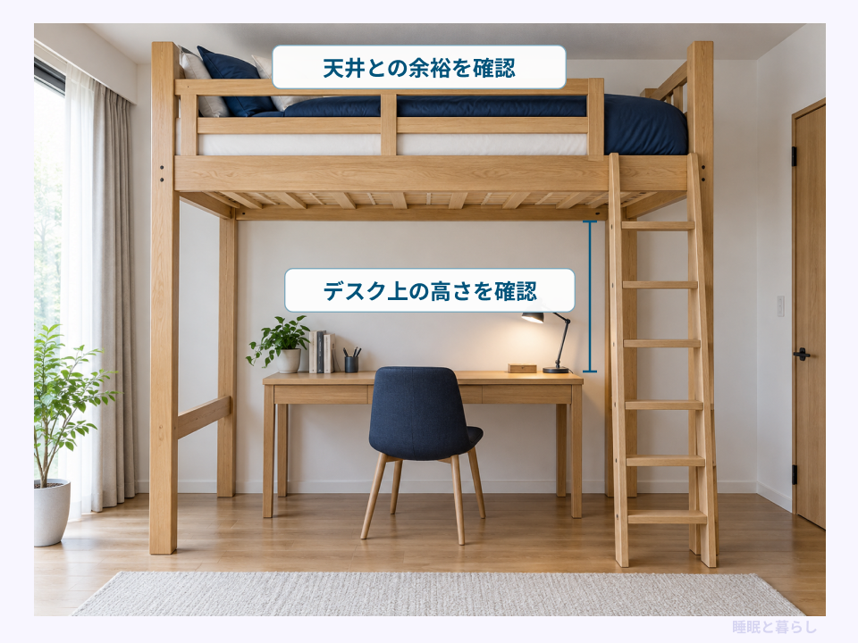 ハイタイプのロフトベッドで天井との余裕とデスク上の高さを確認する写真